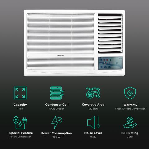 HITACHI Kaze Plus 1 Ton 2 Star Fixed Speed Window AC (Copper Condenser, RAW312HEDO)