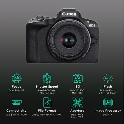 Canon EOS R50 24.2MP Mirrorless Camera (18-45 mm Lens, 5-Axis Electronic Image Stabilization)