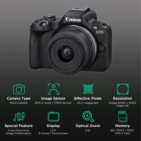 Canon EOS R50 24.2MP Mirrorless Camera (18-45 mm Lens, 5-Axis Electronic Image Stabilization)