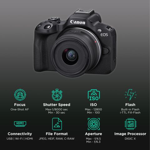 Canon EOS R50 24.2MP Mirrorless Camera (18-45 mm Lens, 5-Axis Electronic Image Stabilization)