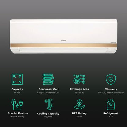 HITACHI Yugen 5100X 1.5 Ton 5 Star Inverter Split AC (Copper Condenser, Dust Filter, RSOG518HFEO)