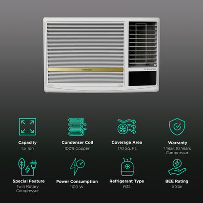 HITACHI Shizuka 1.5 Ton 5 Star Inverter Window AC (Copper Condenser, RAW518HGEOZ1)