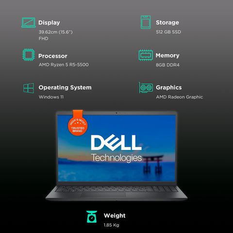 DELL Inspiron 3525 AMD Ryzen 5 5th Gen (15.6 inch, 8GB, 512GB, Windows 11, MS Office 2021, AMD Radeon, FHD Display, Carbon Black, D560926WIN9B)