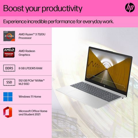 HP 15-fc0026AU AMD Ryzen 3 (15.6 inch, 8GB, 512GB, Windows 11, MS Office 2021, AMD Radeon, FHD Display, Natural Silver, 7L030PA)