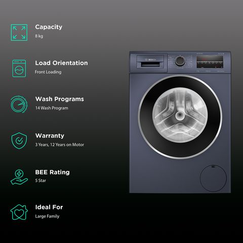 BOSCH 8 Kg 5 Star Inverter Fully Automatic Front Load Washing Machine (WAJ2846TIN, LED Display, Dark Lake)