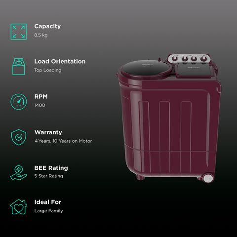 Whirlpool 8.5 kg 5 Star Semi Automatic Washing Machine with Soak Technology (Ace Turbo Dry, 30309, Wine Dazzle)