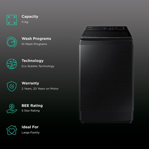 SAMSUNG 11 kg 5 Star Inverter Fully Automatic Top Load Washing Machine (WA11CG5886BVTL, Diamond Drum, Black Caviar)