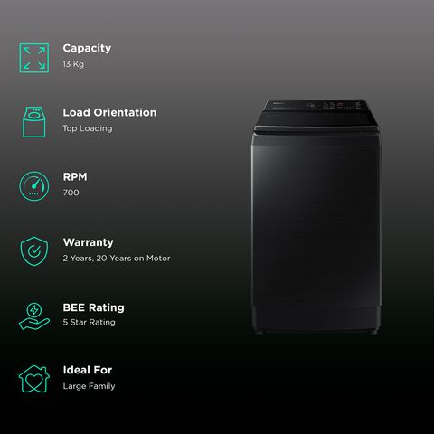 SAMSUNG 13 kg 5 Star Inverter Fully Automatic Top Load Washing Machine (WA13CG5886BVTL, Diamond Drum, Black Caviar)