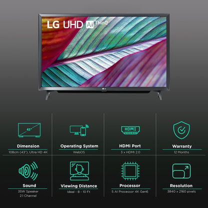 LG UR77 108 cm (43 inch) 4K Ultra HD LED WebOS TV with AI Processor 4K Gen6 (2023 model)