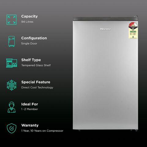 Hisense 94 Liters 3 Star Direct Cool Single Door Refrigerator with Reversible Door (RR94D4SSN, Silver)