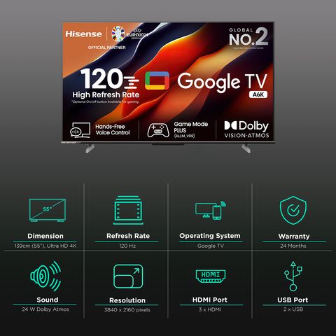 Hisense A6K 140 cm (55 inch) 4K Ultra HD LED Google TV with Dolby Atmos