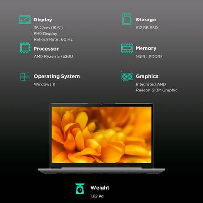 Lenovo IdeaPad Slim 3 15AMN8 AMD Ryzen 5 (15.6 inch, 16GB, 512GB, Windows 11 Home, MS Office 2021, AMD Radeon 610M, FHD IPS Display, Arctic Grey, 82XQ0096IN)
