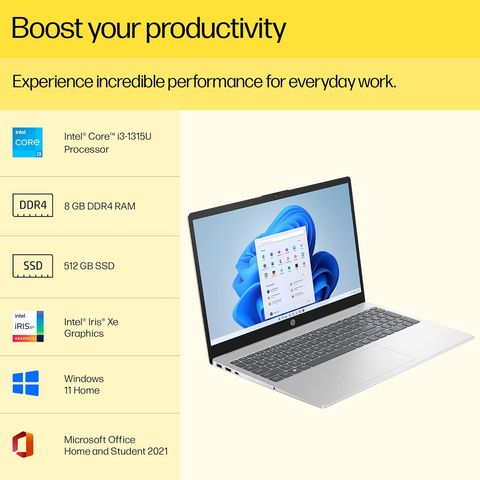 HP 15-fd0006TU Intel Core i3 13th Gen (15.6 inch, 8GB, 512GB, Windows 11 Home, MS Office 2021, Intel UHD, FHD Display, Natural Silver, 7P6Z8PA)