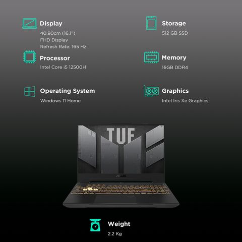 ASUS TUF Gaming F15 FX507ZC4-HN116WS Intel Core i5 12th Gen Gaming Laptop (16GB, 512GB SSD, Windows 11 Home, 4GB GDDR6, 15.6 inch FHD IPS Display, MS Office 2021, Mecha Gray, 2.2Kg)