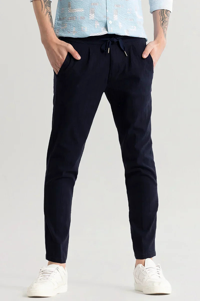 Veluxe Navy Checked Linen Blend Pant