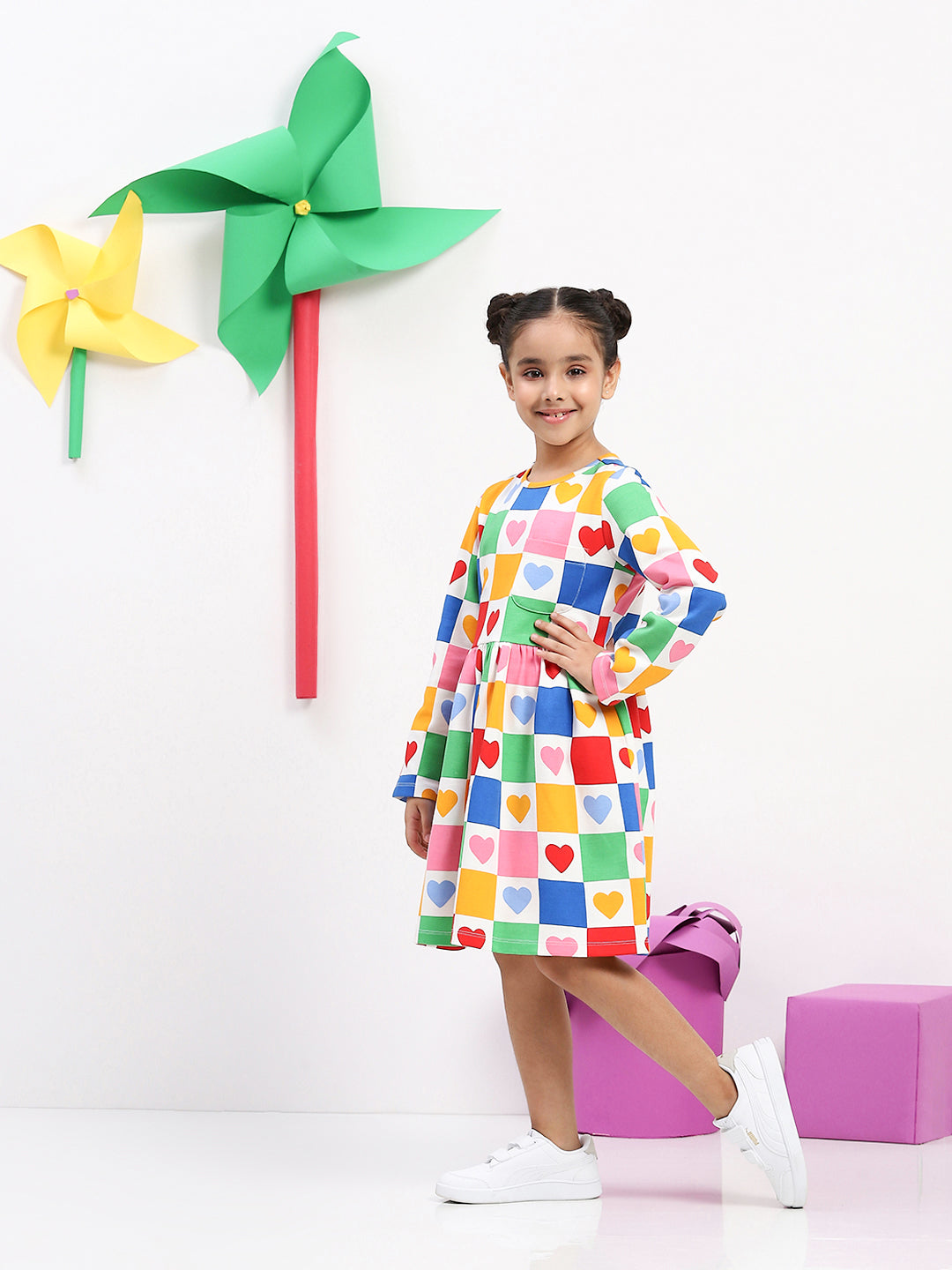 Girls' Colorful Heart Print Patchwork Dress - Fun & Playful Everyday Wear