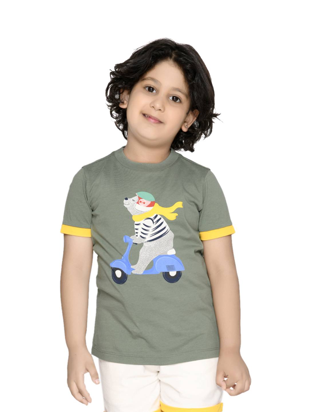 Kid Boys' Olive Round Neck Summer T-Shirt and White Pant Set