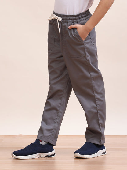 Spunkies Twill Cotton Woven Solid Regular Casual Wear Pant Boys Grey Soft Fabric