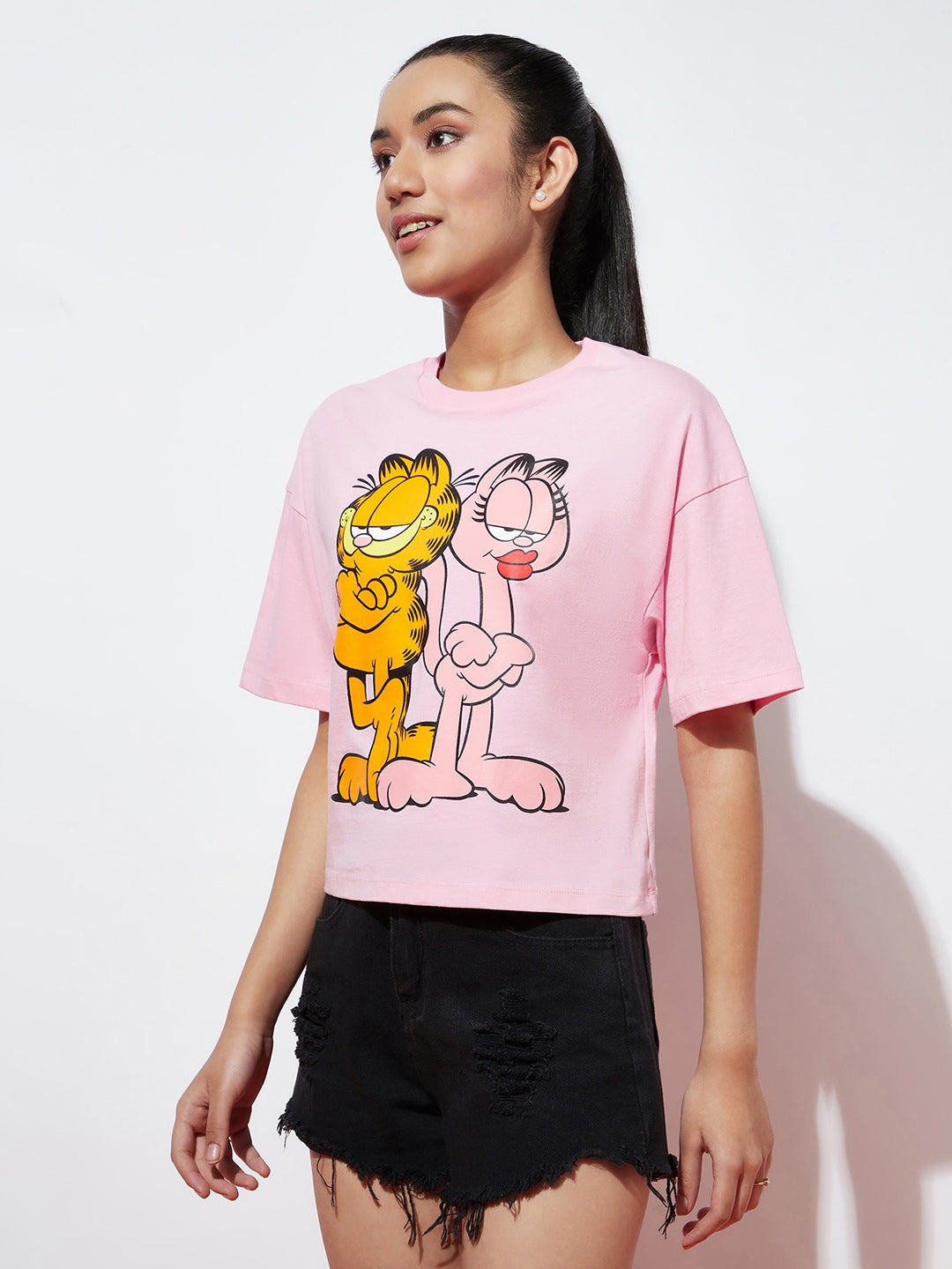 Teen Girls Oversized Pink Garfield T-shirt