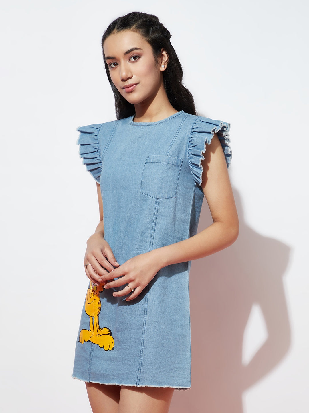 Ice Blue Denim Fringed Sleeve with Garfield Print