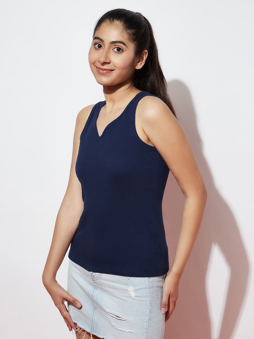 Teen Girls V Neck Navy Rib Top