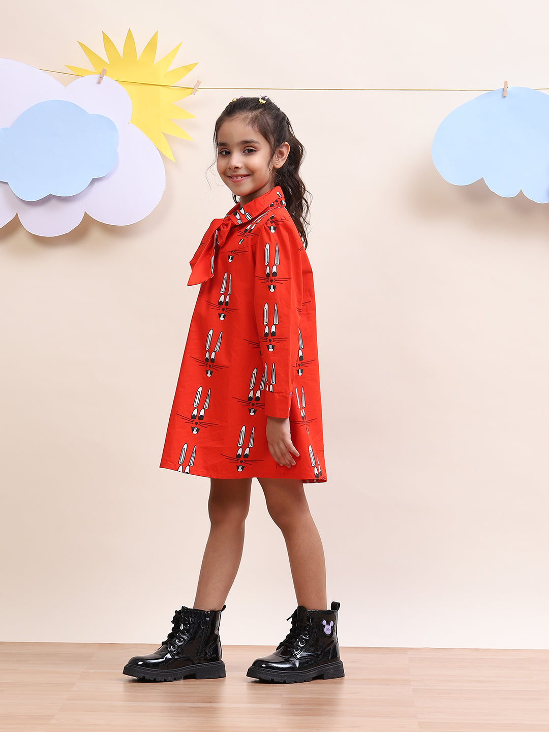 Girls' Red Bow-Tie Dress with Fun Bunny Print - Stylish & Playful