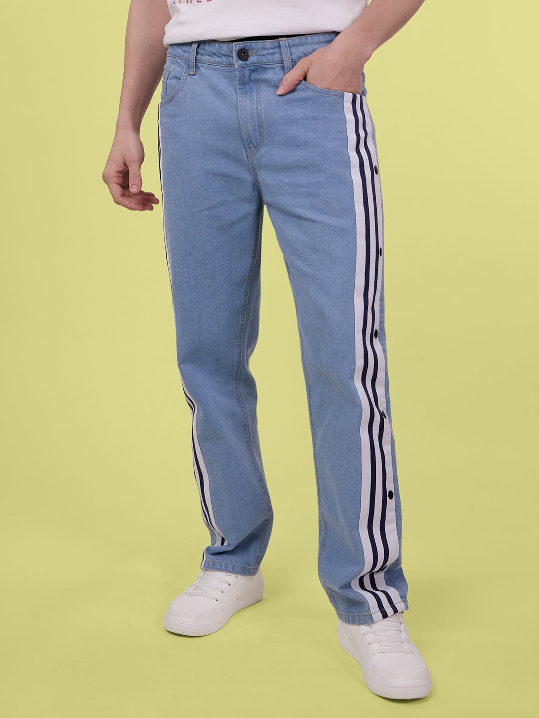 Men Blue The Side Stripe Straight Solid Jeans