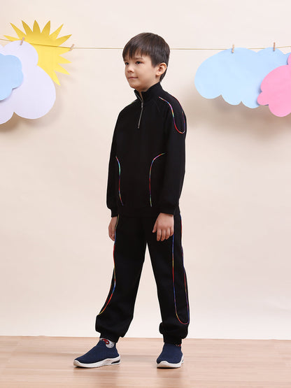 Unisex Black Tracksuit Set with Rainbow Piping