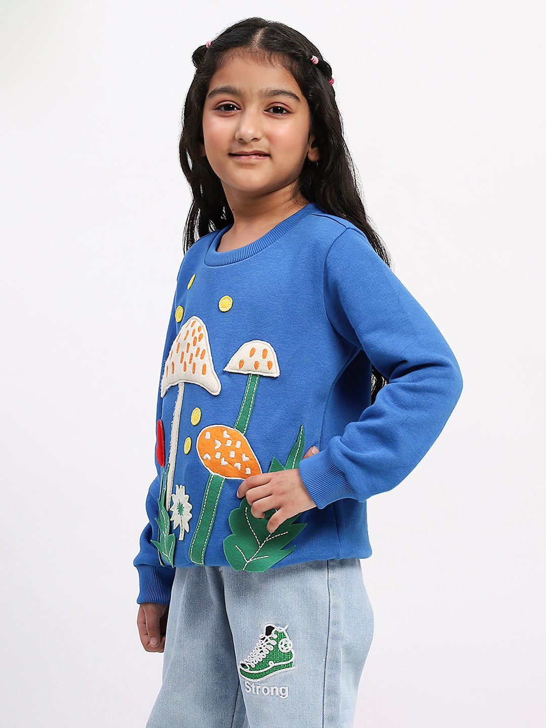 Spunkies Cotton Fleece Knit Padded Mushroom Embroidered Blue Sleeves Girls Sweatshirt