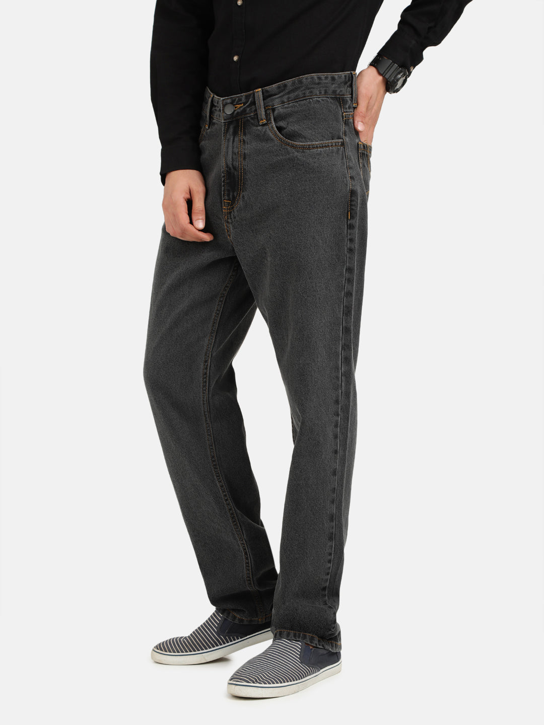 Men Grey Straight Fit Solid Jeans