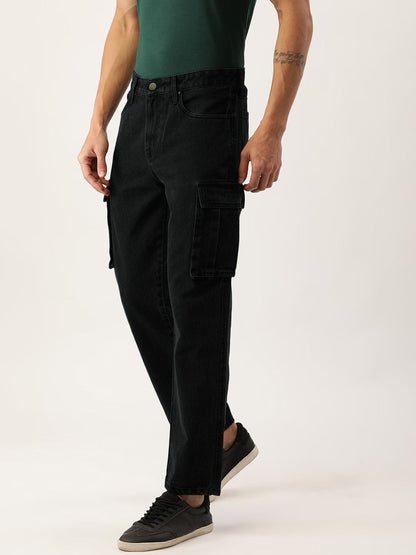 Men Black Relaxed Fit Solid Cargo Jeans