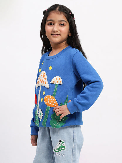 Spunkies Cotton Fleece Knit Padded Mushroom Embroidered Blue Sleeves Girls Sweatshirt