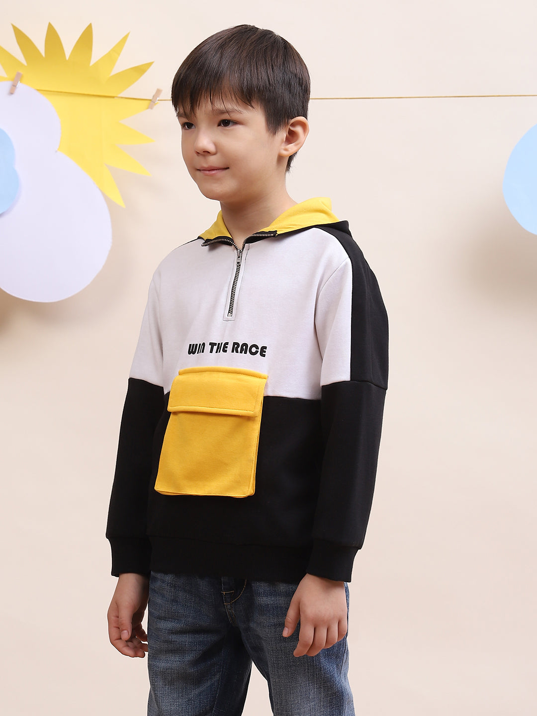 Boys' Color-Block Hoodie with Yellow Pocket