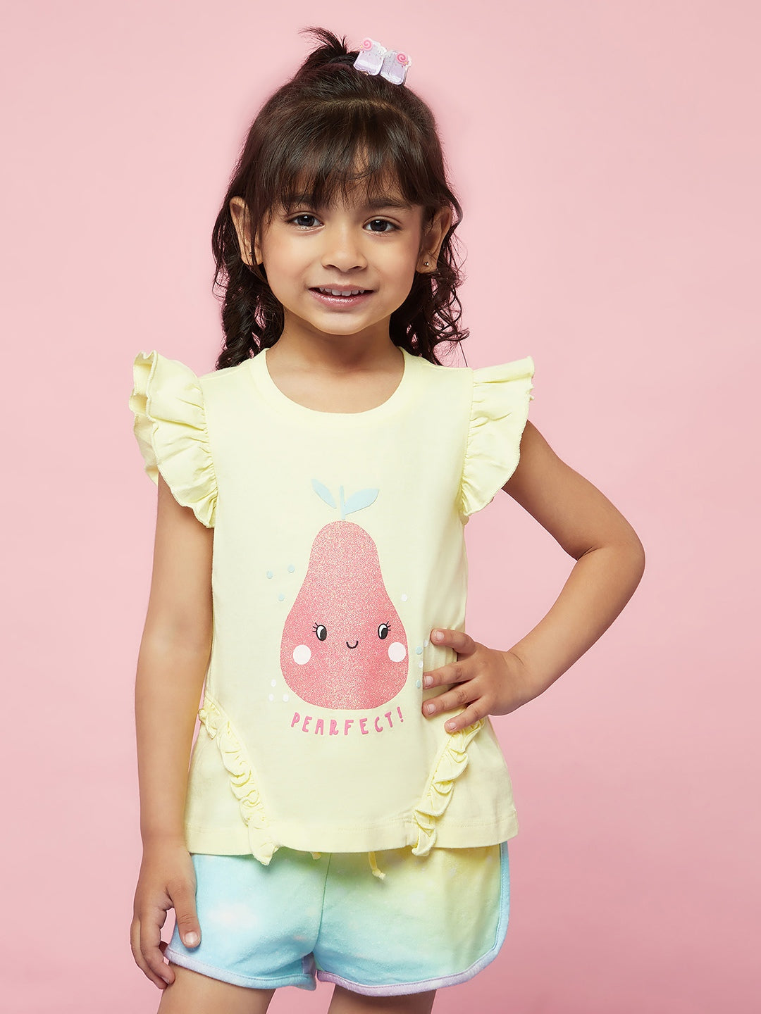 Kid Girl's Lemon Yellow Ruffle Shorts and Tee Set with Kawai Print