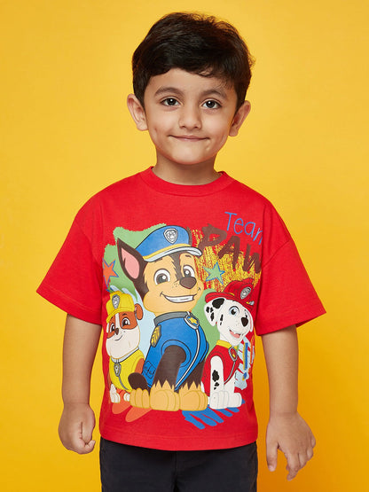 Kid Boys Red Paw Patrol Printed T-Shirt and Dark Blue Shorts Set!