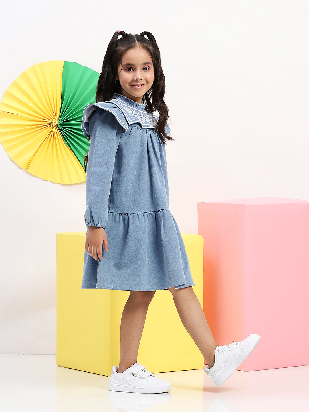 Chic Blue Denim Dress for Girls with Embroidered Yoke