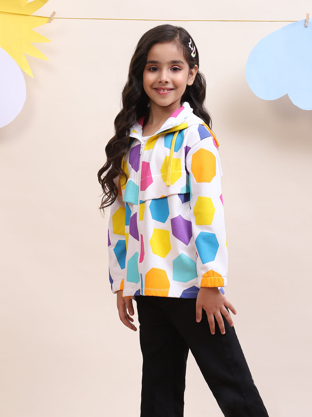 Girls' Colorful Geometric Print Zip-Up Jacket - Fun & Stylish Outerwear