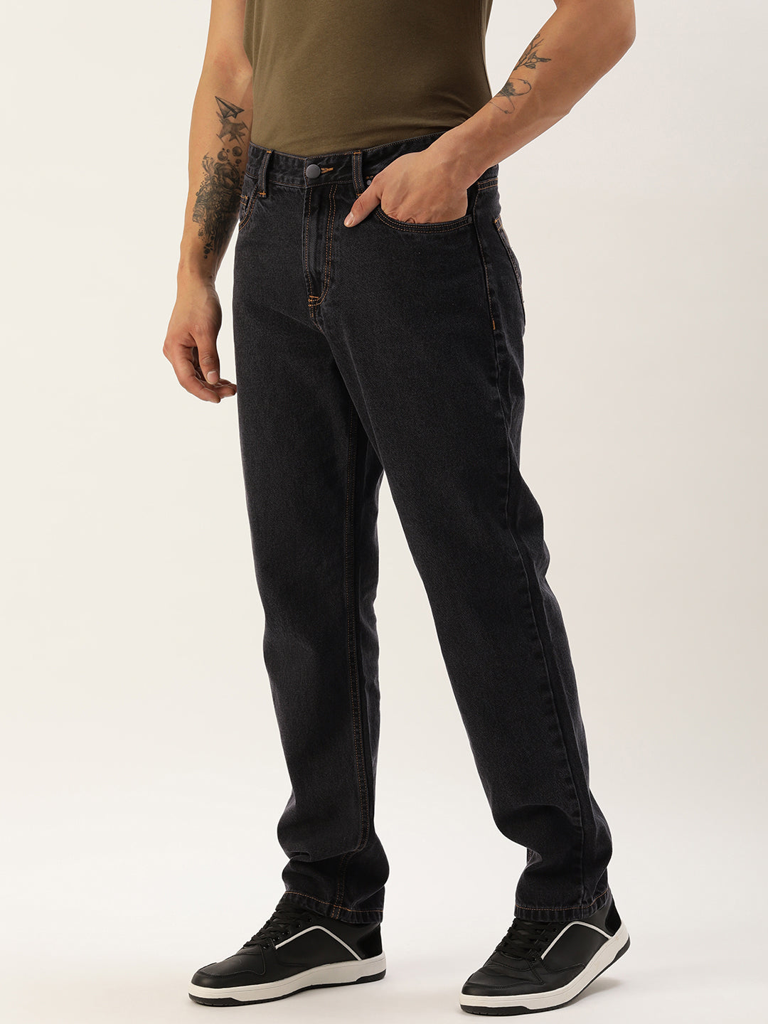 Men Charcoal Straight Fit Solid Jeans