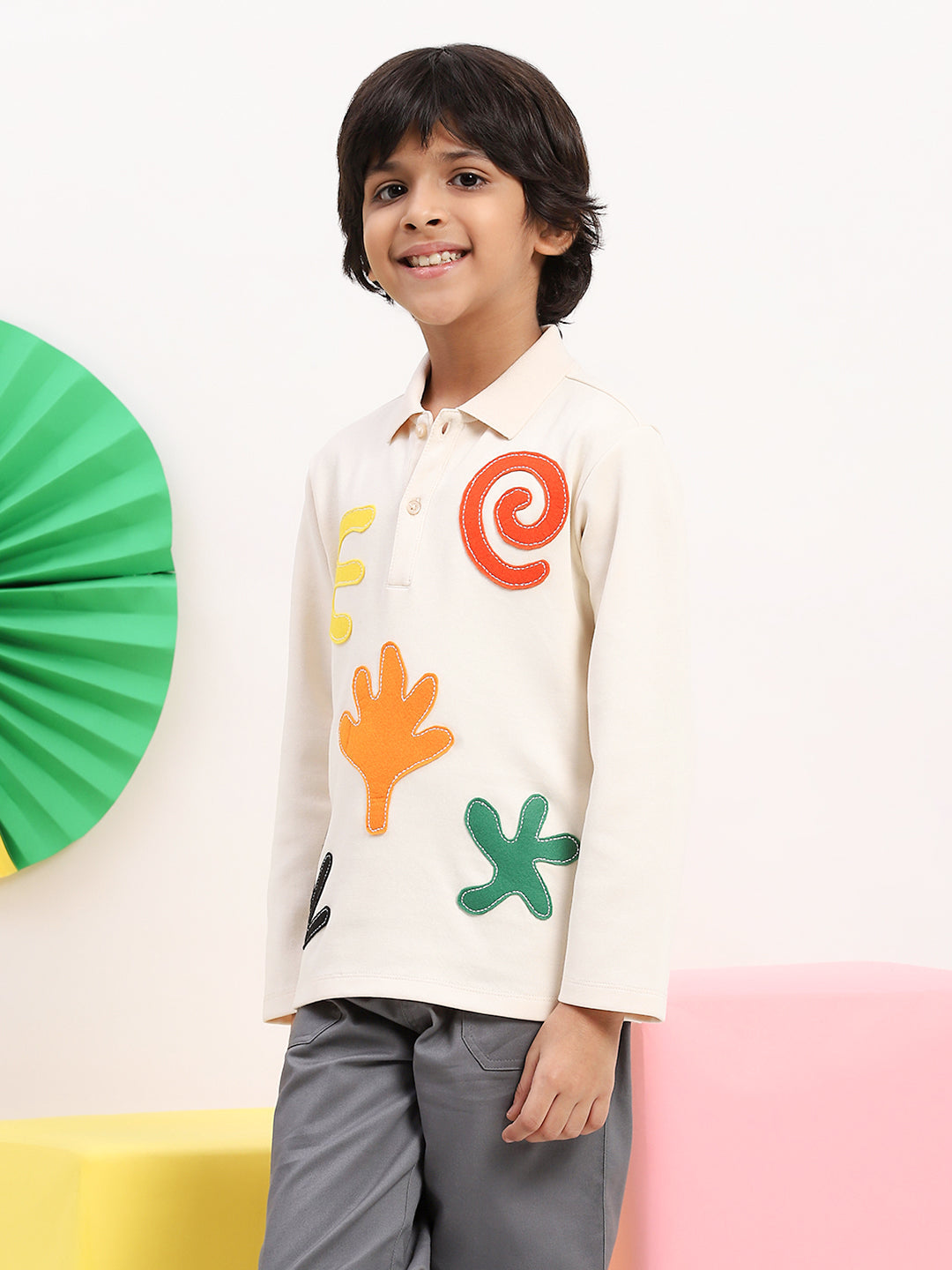 Boys' Long-Sleeve Graphic Polo Shirt with Colorful Appliqué Details - Fun & Stylish