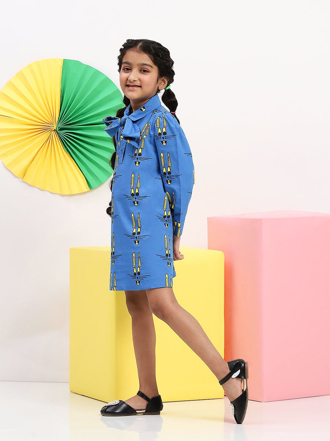 Girls' Blue Cartoon Print Dress with Bow Collar - Fun & Stylish Outfit