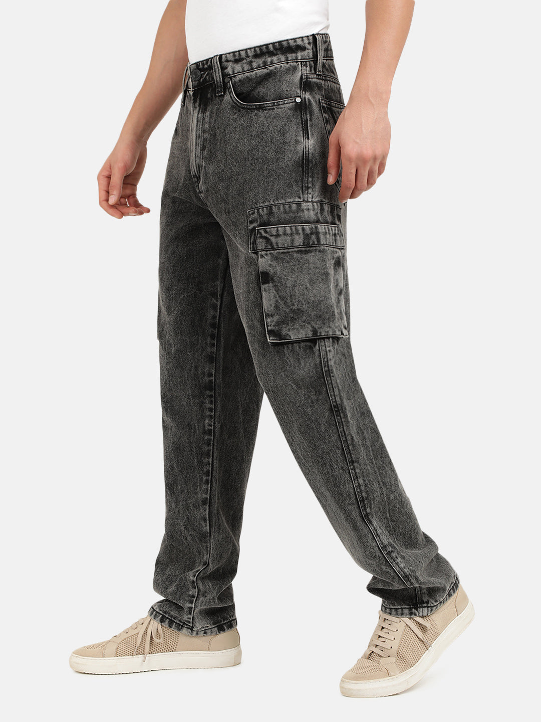 Men Grey Straight Fit Solid Denim Cargo Jeans