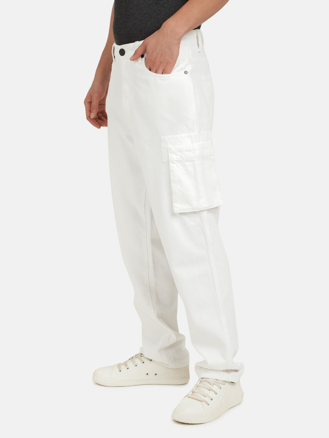 Men White Straight Fit Solid Denim Cargo Jeans