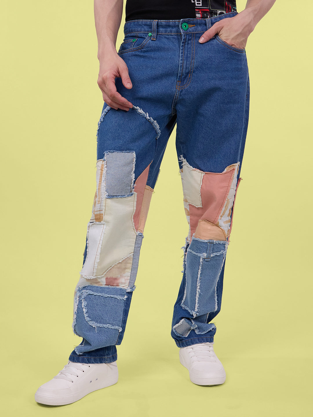 Men Blue Relaxed Fit Jeans with Patchwork