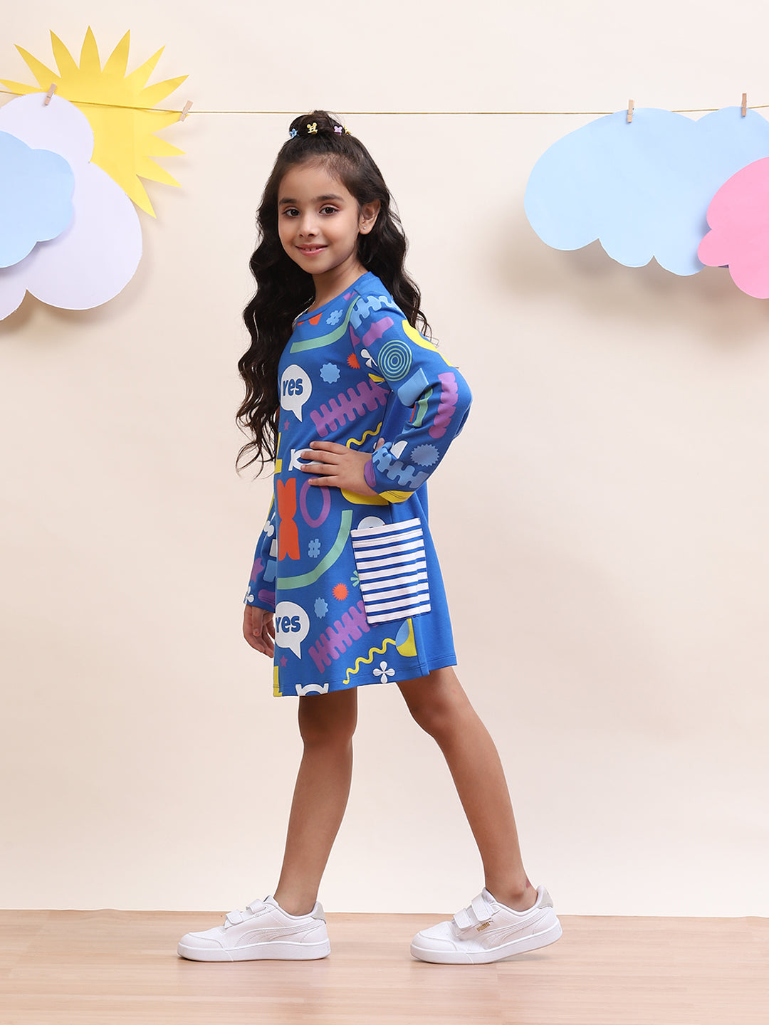 Girls Blue Graphic Print Casual Dress