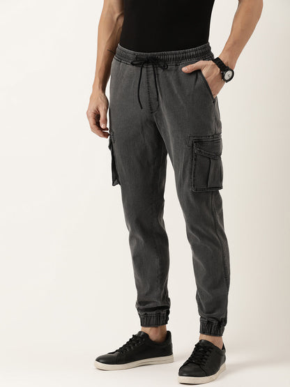 Men Grey Regular Fit Solid Cargo Jogger Jeans