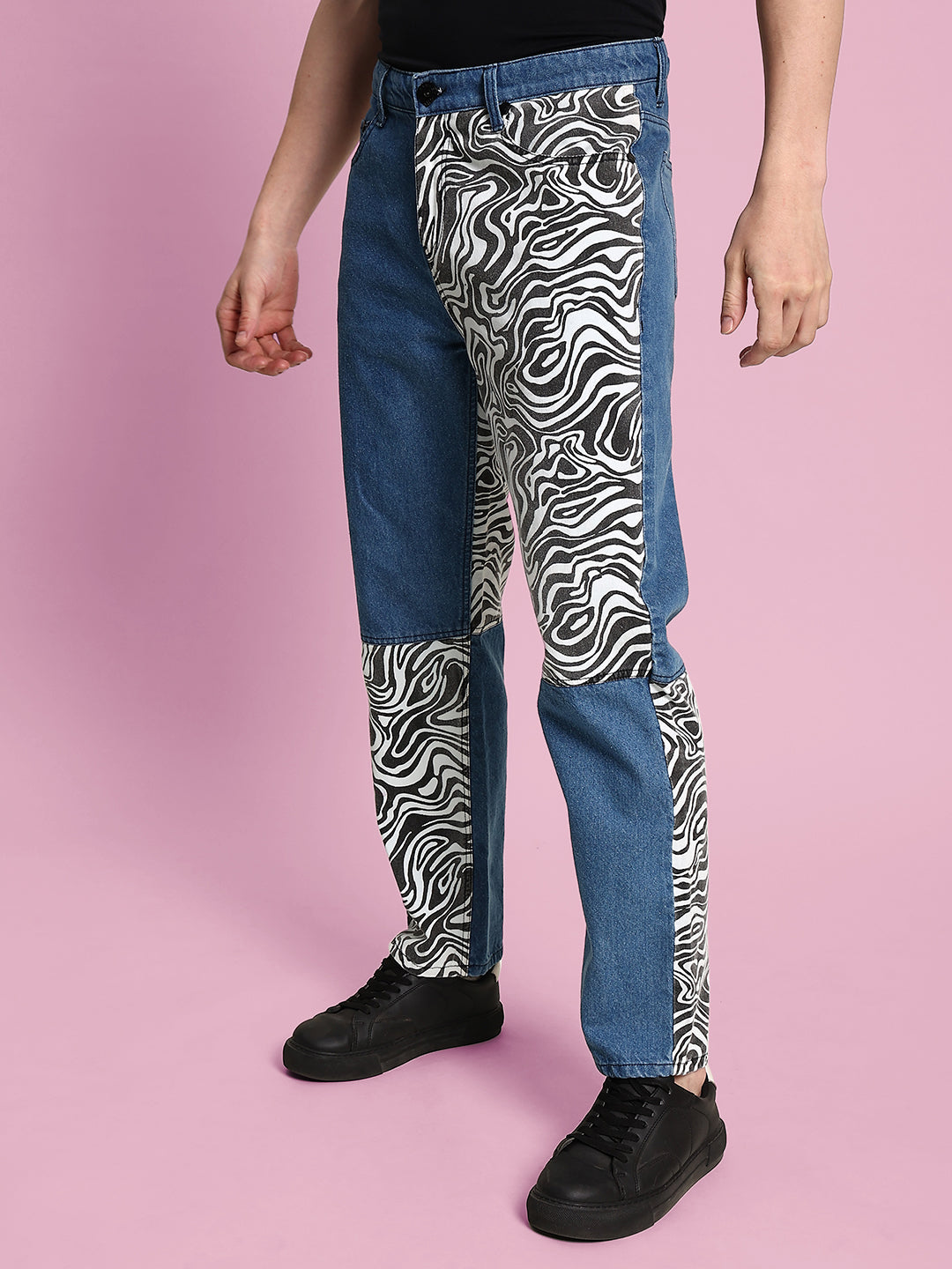 Men's Trendy Blue Jeans with Swirls Print Cut & Sew