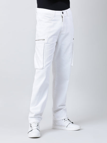 Men White Straight Fit Solid Cargo Jeans with Zipper Pockets