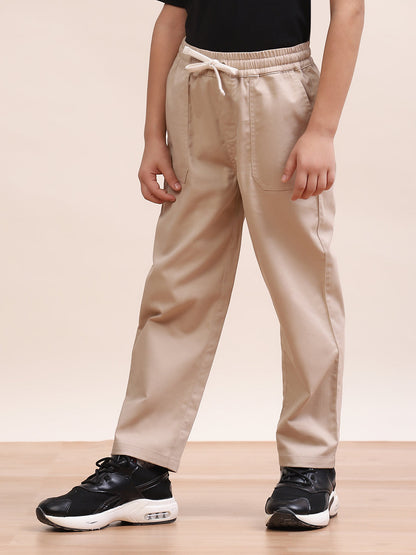 Spunkies Twill Cotton Woven Solid Regular Casual Wear Pant Boys Beige Soft Fabric