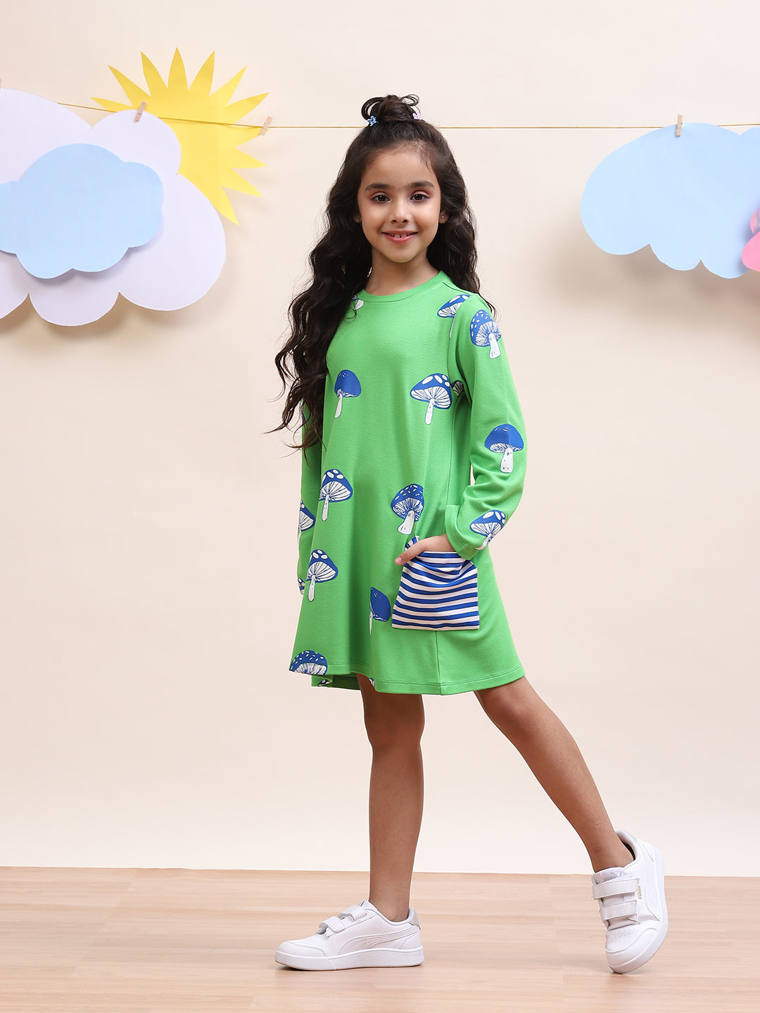 Girls Green Mushroom Print Casual Dress