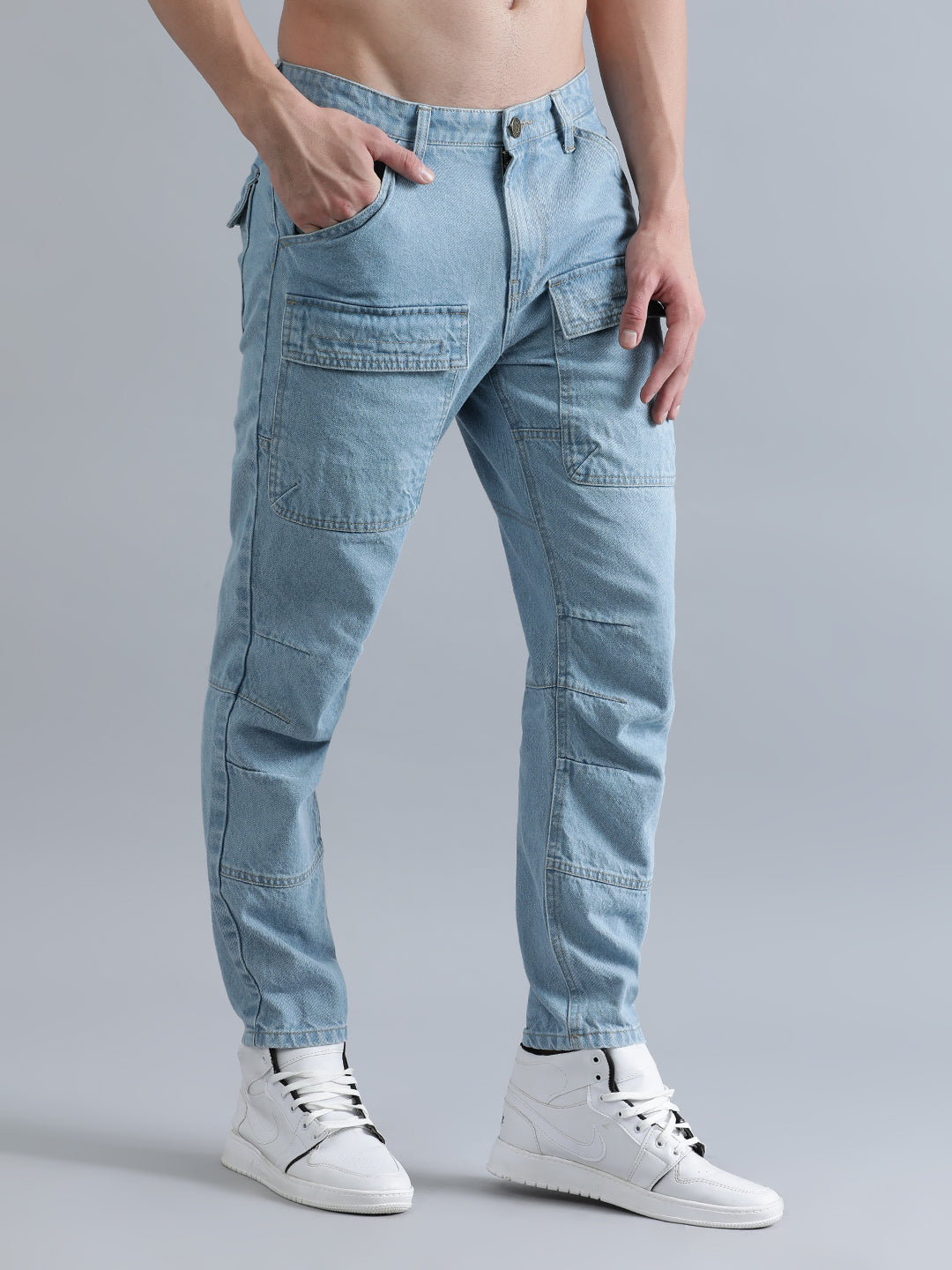 Men Light Blue Comfy Taperd Fit Solid Cargo Jeans